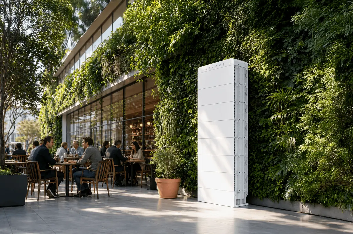 Batterie Battbank Atmoce installée sur la terrasse d'un restaurant