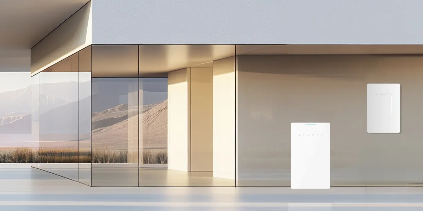 Maison moderne équipée d'une batterie Atmoce au sol et d'un boîtier de secours au mur