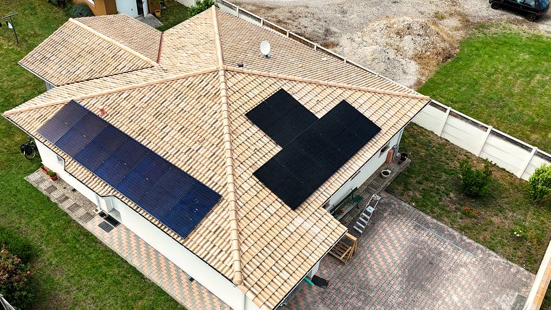Maison de plain-pied avec panneaux solaires noirs sur deux pans de toiture, vue de drone